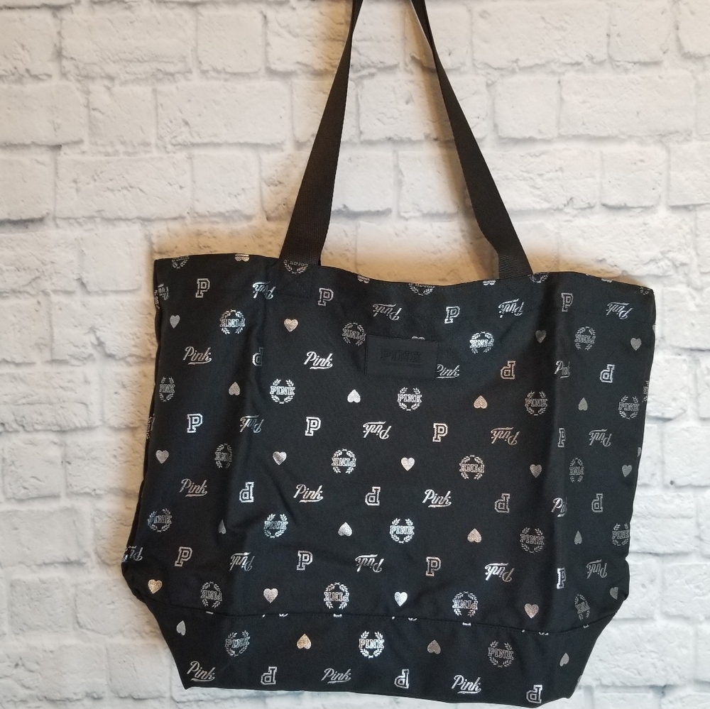 PINK Victoria's Secret Logo Black Silver Bling Tote Bag Zip Top New
